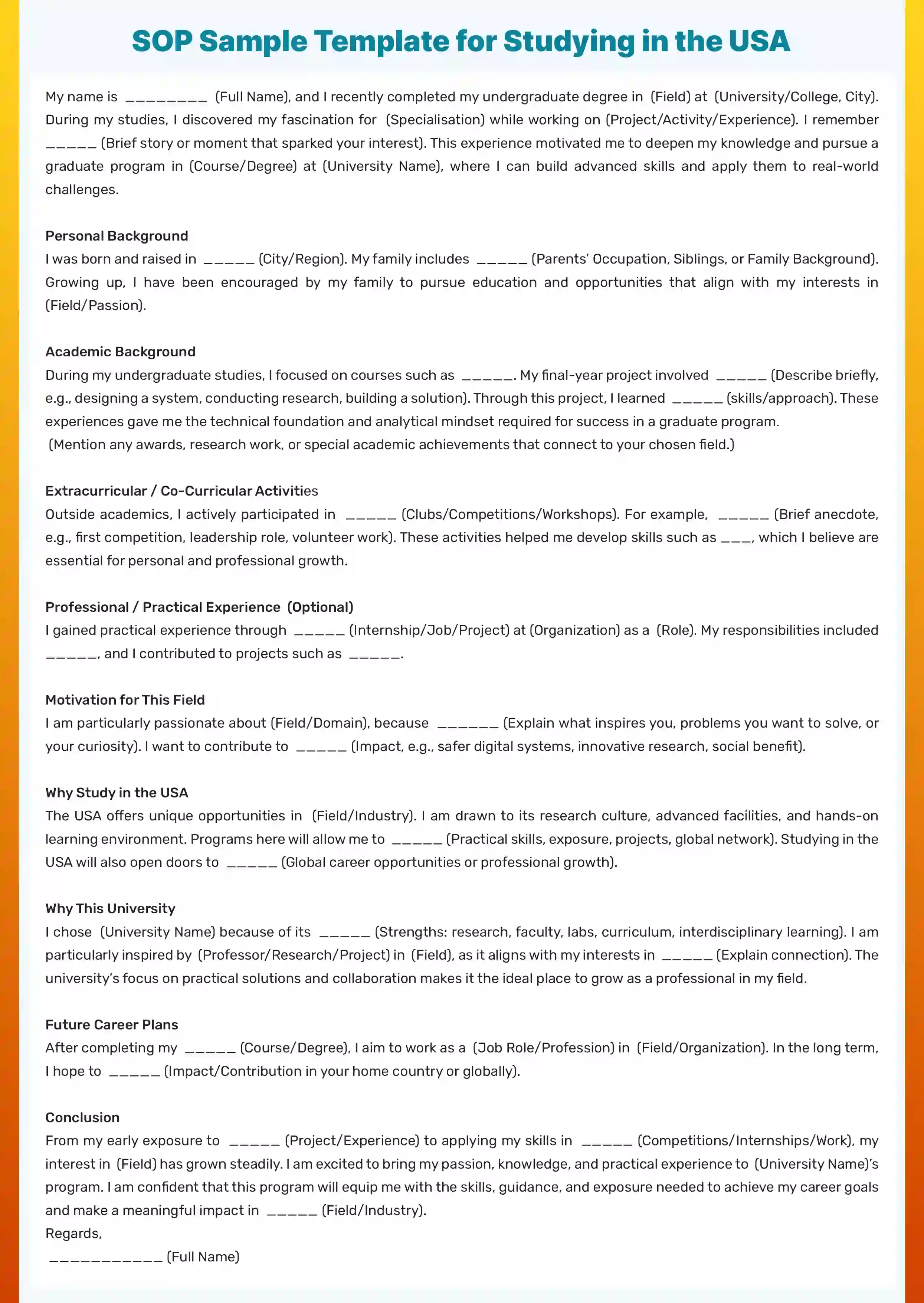 SOP Sample Template for Studying in USA